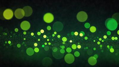 The primary subject of the image is a cluster of green lights, which are the main objects in the scene. The setting is a dark background, which contrasts with the bright green lights. The visual style of the image is a close-up of the green lights, creating a patterned and textured effect. The colors and mood of the image are predominantly green, with a slightly surreal and mesmerizing atmosphere.