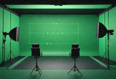 The primary subject of the image is a green screen with two chairs placed in front of it. The setting is a studio, and the visual style is a photo. The dominant colors are green and white, creating a calm and professional atmosphere.
