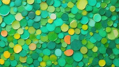 The image features a green background with a variety of green and yellow circles scattered across the surface. The circles are of different sizes and are arranged in a visually appealing manner. The overall atmosphere of the image is lively and vibrant, with the green and yellow colors creating a sense of freshness and energy.