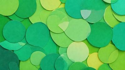 The primary subject of the image is a collection of green and yellow circles. These circles are arranged in a visually appealing manner, creating a pattern that covers the entire image. The setting is a green background, which provides a vibrant and lively atmosphere. The visual style of the image is a combination of digital art and illustration, as the circles are created using a computer-generated design. The dominant colors of the image are green and yellow, which evoke a sense of freshness and warmth.