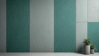 The primary subject of the image is a wall with a green and grey color scheme. The setting is a room with a table and a bench. The visual style is a photo, and the colors and mood are calm and soothing.