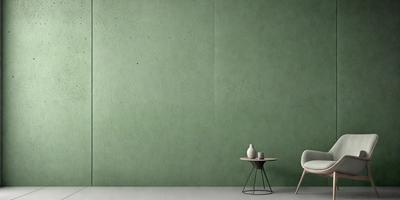 The primary subject of the image is a green wall with a white table and a vase placed on it. The setting is a room with a green wall, and the visual style is a photo. The colors and mood of the image are predominantly green, creating a calm and serene atmosphere.