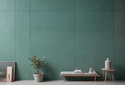 The primary subject of the image is a potted plant placed on a table. The setting is a room with a green wall, and the visual style appears to be a photo. The colors in the image are predominantly green, creating a calm and serene atmosphere.