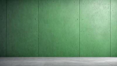 The primary subject of the image is a green wall. The setting is a room with a concrete floor. The visual style is a photo, and the colors and mood are predominantly green, giving the scene a calm and serene atmosphere.