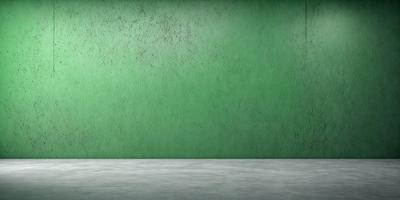 The primary subject of the image is a green wall with a mottled texture. The setting is a room with a concrete floor. The visual style is a photo, and the dominant colors are green and gray. The overall atmosphere is clean and minimalistic.