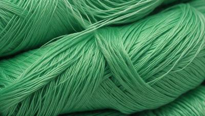 The primary subject of the image is a large pile of green yarn. The yarn is wound up and appears to be in a ball. The setting is a room with a green background, which adds to the overall atmosphere of the image. The visual style is a close-up of the yarn, showcasing its texture and color. The dominant colors are green, which creates a calm and soothing mood.