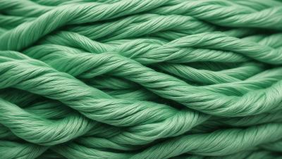 The primary subject of the image is a close-up of a green rope. The rope is woven and has a texture that resembles a knitted or woven fabric. The setting is a green background, which complements the color of the rope. The visual style of the image is a close-up, focusing on the details of the rope. The colors and mood of the image are predominantly green, giving it a natural and serene atmosphere.