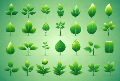 The primary subject of the image is a collection of green leaves, which are displayed in various shapes and sizes. The leaves are arranged in a pattern, creating a visually appealing and harmonious composition. The setting is a green background, which complements the green leaves and adds to the overall atmosphere of the image. The visual style is a combination of digital art and illustration, resulting in a clean and detailed presentation of the leaves. The colors and mood of the image are predominantly green, which is associated with nature, growth