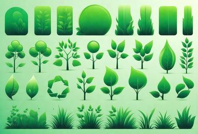 The primary subject of the image is a collection of green plants, including leaves and trees, displayed in various stages of growth. The setting is a green background, which complements the lush greenery of the plants. The visual style is a combination of digital art and illustration, creating a vibrant and natural atmosphere. The dominant colors are green, which is prevalent throughout the image, and the overall mood is one of growth, renewal, and harmony with nature.