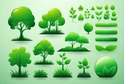 The primary subject of the image is a collection of green trees and plants. The setting is a green background, which creates a lush and natural atmosphere. The visual style is a combination of digital art and illustration, giving the image a clean and detailed appearance. The colors and mood are predominantly green, which is associated with growth, renewal, and harmony with nature.