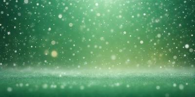 The primary subject of the image is a green field with a snowy background. The setting appears to be a winter landscape, with the snow creating a contrasting effect against the green grass. The visual style of the image is a photo, capturing the beauty of the snowy field and the vibrant green grass. The colors and mood of the image are predominantly green and snowy, creating a serene and peaceful atmosphere.