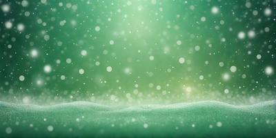 The primary subject of the image is a snowy landscape with a green background. The setting appears to be a winter scene with a focus on the falling snow. The visual style of the image is a photo, capturing the beauty of the snowy environment. The colors and mood of the image are predominantly green, with the snow adding a touch of white to the scene.