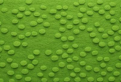 The primary subject of the image is a green carpet with a pattern of small circles. The setting is a room with a green background. The visual style is a close-up of the carpet, showcasing the intricate pattern of the circles. The colors and mood of the image are predominantly green, creating a calm and soothing atmosphere.