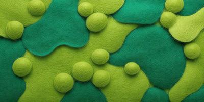 The primary subject of the image is a green fabric with a pattern of green balls and green leaves. The setting is a green background, and the visual style appears to be a combination of a photo and digital art. The colors and mood of the image are predominantly green, creating a calm and soothing atmosphere.