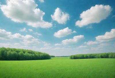 The image features a lush green field with a blue sky above. The field is filled with clouds, creating a picturesque scene. The sky is cloudy, but the overall atmosphere is serene and peaceful. The primary subject of the image is the vast, green field, which is the main focus of the image. The setting is an open, grassy area with a blue sky in the background, and the visual style is a natural, outdoor scene.