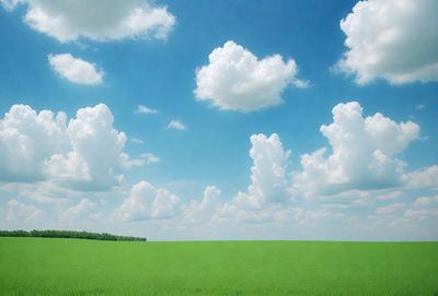 The image features a large, open field with a lush green color. The sky above the field is filled with clouds, creating a picturesque and serene atmosphere. The clouds are scattered throughout the scene, with some appearing closer to the ground and others higher up in the sky. The combination of the green field and the cloudy sky creates a sense of tranquility and natural beauty.