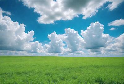 The primary subject of the image is a lush green field with a blue sky in the background. The field is filled with clouds, creating a picturesque and serene atmosphere. The visual style of the image is a photo, capturing the beauty of the landscape and the clouds. The colors and mood of the image are predominantly green and blue, reflecting the natural environment and the tranquility of the scene.