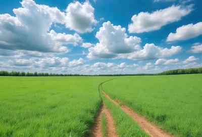 The primary subject of the image is a pathway through a lush green field. The setting is a large, open field with a blue sky above. The visual style is a photo, capturing the natural beauty of the landscape. The colors and mood are vibrant and serene, with the green grass and blue sky creating a sense of tranquility and harmony with nature.