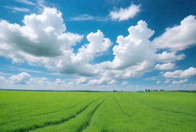 The primary subject of the image is a large, lush green field with a cloudy blue sky above it. The field is filled with green grass, and there are no visible objects or people in the scene. The visual style of the image is a photo, capturing the natural beauty of the field and the sky. The colors and mood of the image are predominantly green and serene, creating a peaceful and tranquil atmosphere.
