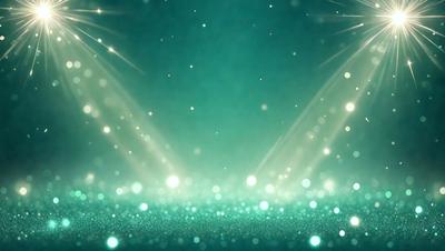 The primary subject of the image is a brightly lit, colorful background featuring a green and blue color scheme. The setting appears to be a stage or a performance area, as there are lights shining on the background. The visual style of the image is a combination of photo and digital art, creating a vibrant and dynamic atmosphere. The colors and mood of the image are lively and energetic, with the green and blue hues evoking a sense of excitement and movement.