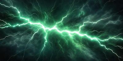 The primary subject of the image is a bright green lightning bolt, which is the main focus of the scene. The lightning bolt is surrounded by a dark blue background, creating a striking contrast. The visual style of the image is a digital art or illustration, as it captures the vibrant colors and dynamic nature of the lightning bolt. The overall atmosphere of the image is energetic and dynamic, with the green lightning bolt symbolizing power and energy.