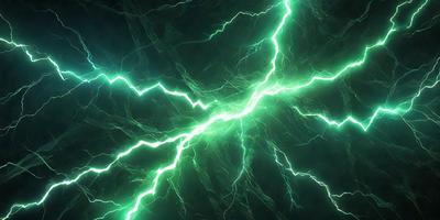 The primary subject of the image is a bright green lightning bolt, which is the main focus of the scene. The lightning bolt is set against a dark blue background, creating a striking contrast. The visual style of the image is a digital art or illustration, as it captures the vibrant colors and dynamic nature of the lightning bolt. The overall atmosphere of the image is energetic and dynamic, with the green lightning bolt symbolizing power and energy.