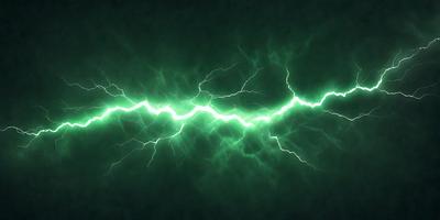 The primary subject of the image is a bright green lightning bolt, which is the main focus of the image. The setting is a dark background, which contrasts with the bright green lightning bolt. The visual style is a digital art or illustration, as the lightning bolt is depicted in a detailed and artistic manner. The colors and mood of the image are predominantly green, with the lightning bolt being the most prominent and eye-catching element.