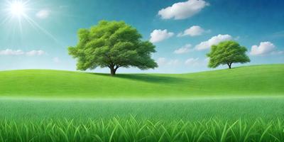 The primary subject of the image is a lush green field with two trees in the middle of it. The setting is a grassy hillside, and the visual style is a digital art or illustration. The colors are predominantly green, and the overall atmosphere is serene and peaceful.