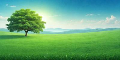 The primary subject of the image is a large, lush green tree with a sun shining on it. The tree is situated in a vast, grassy field with a mountain range in the background. The visual style of the image is a digital art or illustration, creating a serene and peaceful atmosphere. The dominant colors are green, which represents the tree and the grass, and blue, which represents the sky and the mountain range.