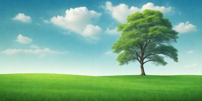The primary subject of the image is a large tree with a green leafy canopy, standing in a lush green field. The tree is surrounded by a beautiful, vibrant, and serene landscape. The setting is a grassy field with a blue sky in the background, creating a sense of tranquility and natural beauty. The visual style of the image is a combination of photo and digital art, resulting in a realistic yet artistic representation of the scene. The colors and mood of the image are predominantly green