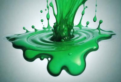 The primary subject of the image is a green liquid, possibly a slime or a bubble, that is splashing or exploding. The setting is a white background, which provides a clean and uncluttered environment for the visual display. The visual style of the image is a combination of photo and digital art, as it captures the motion and texture of the green liquid. The dominant colors in the image are green and white, creating a lively and dynamic atmosphere.