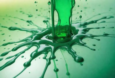 The primary subject of the image is a green liquid, possibly a paint or a dye, that is dripping or splashing onto a surface. The setting appears to be a table or a countertop, and the visual style is a close-up of the dripping liquid. The colors in the image are predominantly green, and the overall atmosphere is dynamic and fluid.