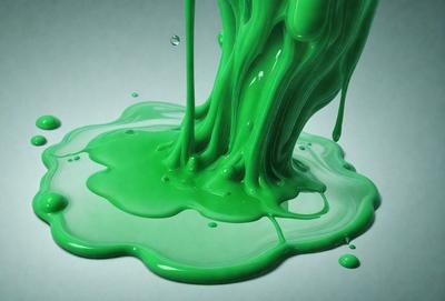 The primary subject of the image is a green substance, which appears to be a mixture of paint and water. The setting is a white surface, likely a table, where the green substance is spread out. The visual style of the image is a close-up of the green substance, showcasing its texture and appearance. The colors and mood of the image are predominantly green, giving it a vibrant and lively atmosphere.