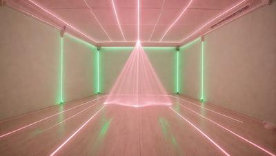 The primary subject of the image is a pink and green light beam, which appears to be a light show or a neon light display. The setting is a white room, possibly a studio or a gallery, with a white floor. The visual style of the image is a combination of digital art and photography, creating a unique and captivating atmosphere. The dominant colors in the image are pink and green, which contribute to the overall mood and aesthetic of the scene.