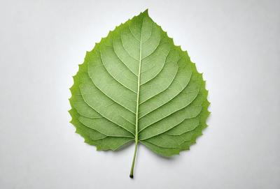 The primary subject of the image is a green leaf, which is the main object, scene, or focus of the image. The leaf is placed on a white surface, which serves as the setting or background. The visual style of the image is a photo, as it captures the natural details of the leaf. The dominant colors in the image are green and white, creating a calm and natural atmosphere.
