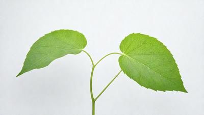 The image features a close-up of a leafy plant with two leaves, one on the left and one on the right. The leaves are green and appear to be growing from a stem. The plant is situated on a white surface, which provides a clean and minimalistic backdrop for the image. The visual style of the image is a close-up, focusing on the details of the plant and its leaves. The colors and mood of the image are predominantly green, creating a sense of freshness and natural beauty.