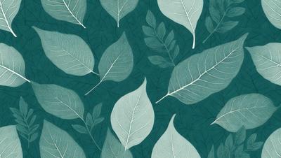 The primary subject of the image is a pattern of green leaves, which are the main objects in the scene. The leaves are arranged in a visually appealing manner, creating a sense of harmony and balance. The setting is a blue background, which complements the green leaves and adds to the overall visual style. The image is a digital art or illustration, showcasing the artist's skill in creating a realistic and aesthetically pleasing representation of the leaves. The colors and mood of the image are predomin