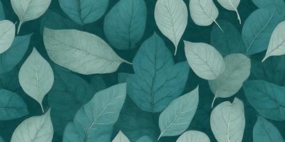 The image features a large collection of green leaves, possibly from a tree or a plant. The leaves are arranged in a pattern, creating a visually appealing and natural scene. The primary subject of the image is the leaves, which are the main focus of the image. The setting is a blue background, which adds a vibrant and calming atmosphere to the scene. The visual style of the image is a combination of digital art and illustration, giving it a unique and artistic appearance. The colors and mood of the image are
