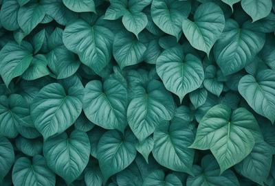 The primary subject of the image is a large group of green leaves, which are the main objects in the scene. The leaves are arranged in a dense, leafy pattern, creating a lush and vibrant visual style. The setting is a green background, which complements the green leaves and adds to the overall atmosphere of the image. The colors and mood of the image are predominantly green, giving it a fresh and natural feel.