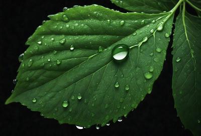 The primary subject of the image is a leaf with water droplets on it. The leaf is green and appears to be a part of a plant. The setting is a dark background, which contrasts with the bright green leaf. The visual style is a close-up of the leaf, showcasing the water droplets on its surface. The colors and mood of the image are predominantly green, with the water droplets adding a touch of brightness and freshness to the scene.