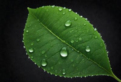 The primary subject of the image is a leaf with water droplets on it. The leaf is green and appears to be a close-up of the leaf. The setting is a dark background, which emphasizes the leaf and the water droplets. The visual style is a realistic representation of the leaf and the water droplets. The colors are predominantly green, and the overall atmosphere is calm and serene.