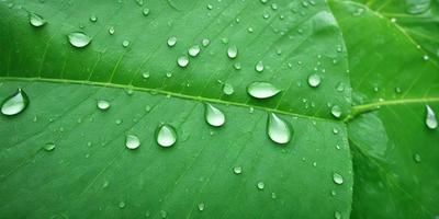 The primary subject of the image is a close-up of a leaf with water droplets on it. The leaf is green and appears to be a part of a plant. The setting is outdoors, with the leaf being the main focus of the image. The visual style is a close-up, which emphasizes the details of the water droplets on the leaf. The colors in the image are predominantly green, which adds to the natural and serene atmosphere of the scene.