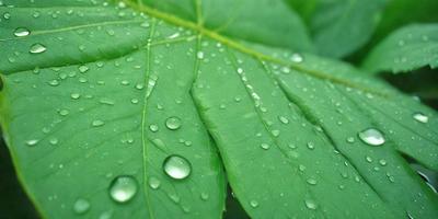 The primary subject of the image is a close-up of a leaf with water droplets on it. The leaf is green and appears to be a part of a plant. The setting is outdoors, with the leaf being the main focus of the image. The visual style is a close-up, which emphasizes the details of the water droplets on the leaf. The colors in the image are predominantly green, which adds to the natural and serene atmosphere of the scene.