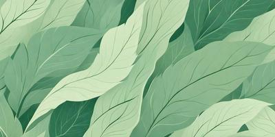 The image features a large green leaf with a pattern of smaller leaves on it. The primary subject is the large green leaf, which is the main focus of the image. The setting is a green background, which complements the leaf's color. The visual style is a digital art, as the leaf appears to be a digital illustration. The colors and mood are predominantly green, creating a calm and natural atmosphere.