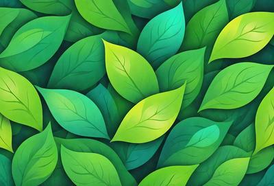 The primary subject of the image is a close-up of a green leaf. The setting is a lush green background, which creates a vibrant and natural atmosphere. The visual style is a digital art or illustration, as the leaf is depicted in a detailed and realistic manner. The colors and mood of the image are predominantly green, conveying a sense of freshness and vitality.
