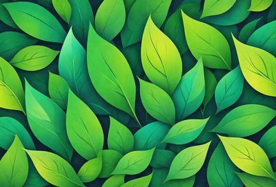 The primary subject of the image is a close-up of a green leaf, which is the main object in the scene. The setting is a green background, which creates a natural and vibrant atmosphere. The visual style is a digital art or illustration, as the leaf is depicted in a detailed and realistic manner. The dominant colors are green, which creates a sense of freshness and tranquility.