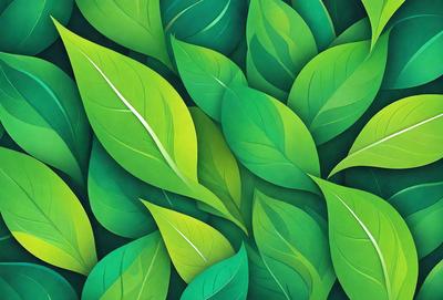 The primary subject of the image is a close-up of a green leaf, which is the main object in the scene. The setting is a green background, which adds to the overall atmosphere of the image. The visual style is a digital art or illustration, as the leaf is depicted in a detailed and realistic manner. The dominant colors are green, which creates a calm and natural mood.