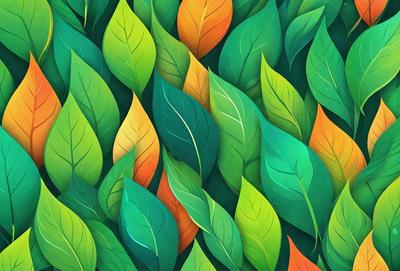 The primary subject of the image is a large group of green and orange leaves. The leaves are arranged in a pattern, creating a visually appealing and vibrant scene. The setting is a lush green forest, with the leaves spread across the background. The visual style of the image is a combination of digital art and illustration, giving it a unique and artistic appearance. The dominant colors in the image are green and orange, creating a warm and inviting atmosphere.