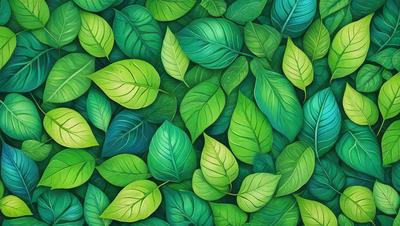 The primary subject of the image is a large number of green leaves, which are the main objects in the scene. The leaves are arranged in a pattern, creating a visually appealing and lush environment. The setting is a green background, which further emphasizes the vibrant colors of the leaves. The visual style of the image is a combination of photo and digital art, as it captures the natural beauty of the leaves while also showcasing the artist's creativity in arranging them. The colors and mood of the