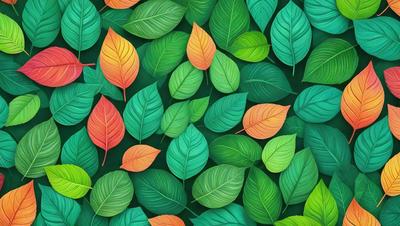 The primary subject of the image is a large collection of leaves, which are the main objects in the scene. The leaves are displayed in various shades of green, orange, and red, creating a vibrant and lively atmosphere. The setting is a green background, which provides a natural and harmonious environment for the leaves. The visual style of the image is a combination of digital art and illustration, as the leaves are depicted in a detailed and realistic manner. The colors and mood of the image are lively,